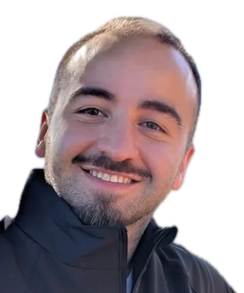 Mate Bersenadze, smiling, wearing a (drawn) chef's hat